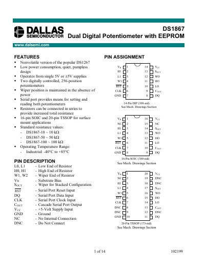 Dallas Semiconductor DS1867 Dual Digital Potentiometer with EEPROM Datasheet - cover page