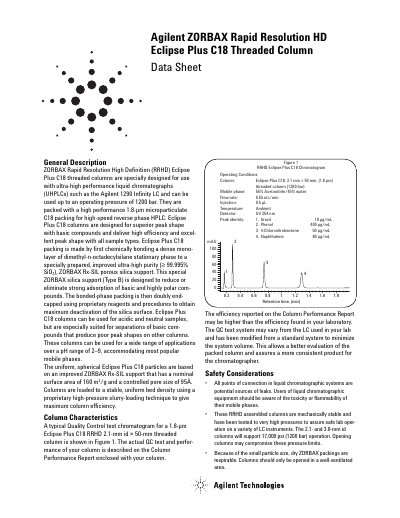 Agilent ZORBAX RRHD Eclipse Plus C18 Threaded Column Datasheet - cover page