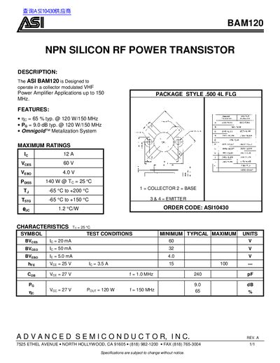 ASI BAM120 NPN Silicon RF Power Transistor Datasheet - cover page
