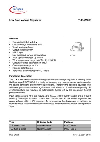 Infineon TLE 4296-2 Low Drop Voltage Regulator Datasheet - cover page