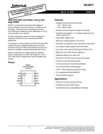 Intersil ISL9011 Dual LDO Datasheet