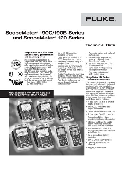 Fluke ScopeMeter 190C/190B and 120 Series Technical Data