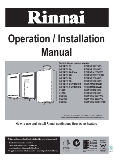 Rinnai To Suit Water Heater Models: INFINITY 32 REU-VR3237WG INFINITY 26 REU-VR2626WG INFINITY 26 Plus REU-VRM2630WD INFINITY 26i REU-VR2632FFUG INFINITY 20 REU-VR2024WG INFINITY 16 REU-VR1620WG - cover page