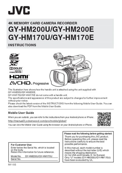 JVC GY-HM200U/GY-HM200E & GY-HM170U/GY-HM170E 4K Camera Recorder User Manual - cover page