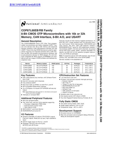 National Semiconductor COP87L88EB/RB Family 8-Bit CMOS OTP Microcontrollers Datasheet - cover page