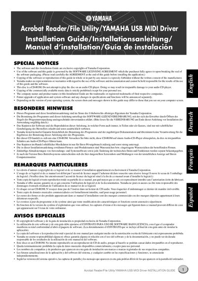Yamaha Acrobat Reader/File Utility USB MIDI Driver Installation Guide - cover page