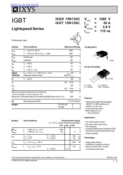 IXYS IXGH15N120C/IXGT15N120C IGBT Datasheet - cover page