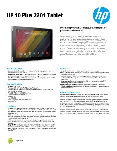 HP 10 Plus 2201 Tablet Specification Sheet - cover page