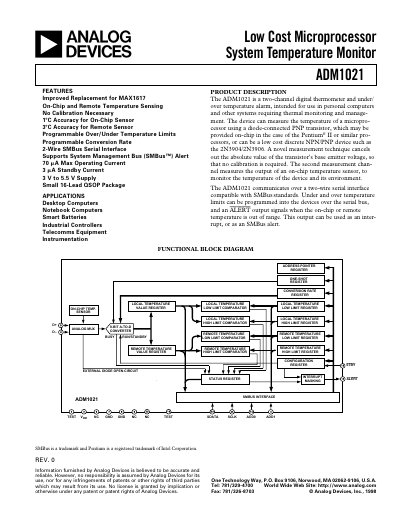 Analog Devices ADM1021 Temperature Monitor Datasheet - cover page