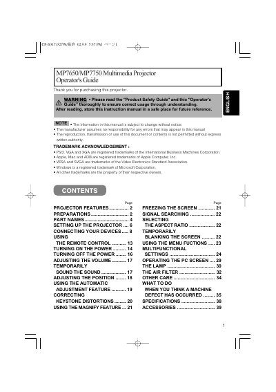 3M MP7650/MP7750 Multimedia Projector Operator's Guide