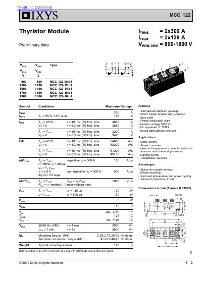 IXYS MCC122 Thyristor Module Datasheet - cover page
