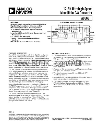 Analog Devices AD568 12‑Bit DAC Datasheet - cover page