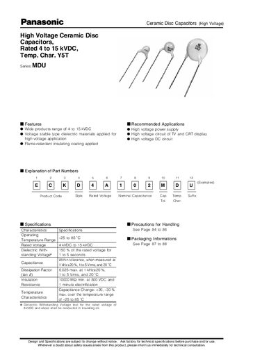 Panasonic MDU High Voltage Ceramic Disc Capacitors Datasheet - cover page