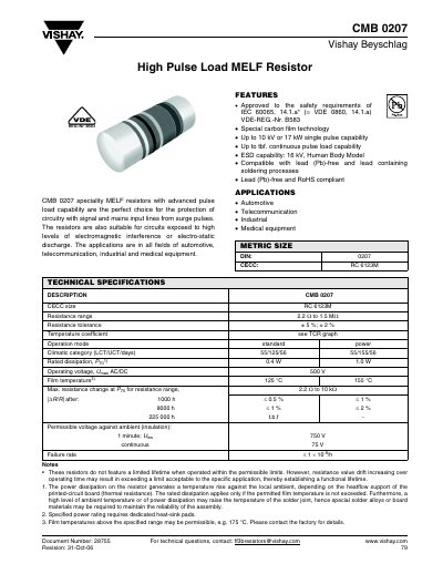 Vishay CMB 0207 High Pulse Load MELF Resistor Datasheet - cover page