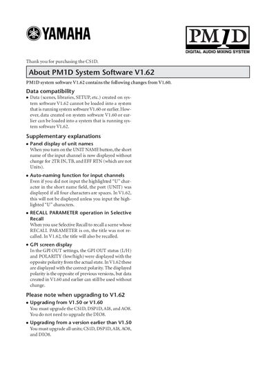 Yamaha PM1D System Software V1.62 Release Notes - cover page