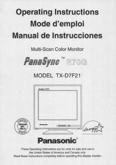 Panasonic TX-D7F21 Multi-Scan Color Monitor Operating Instructions - cover page