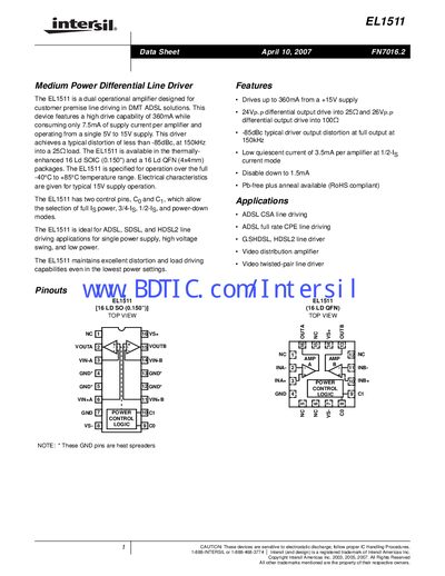 Intersil EL1511 Dual Operational Amplifier Datasheet - cover page