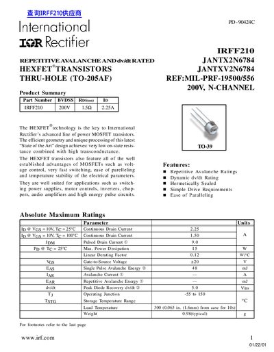 International Rectifier IRFF210 HEXFET Transistor Datasheet - cover page