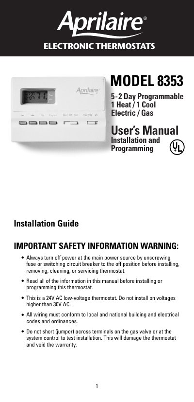 Aprilaire Model 8353 5-2 Day Programmable Thermostat User Manual - cover page