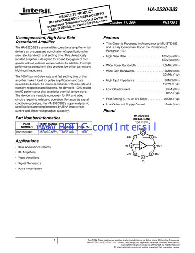 Intersil HA-2520/883 Operational Amplifier Datasheet - cover page