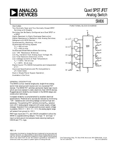 Analog Devices SW06 Quad SPST JFET Analog Switch Datasheet - cover page