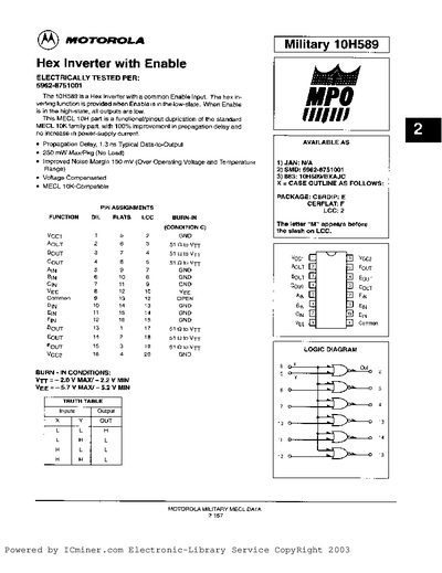 Motorola 10H589 Hex Inverter with Enable Datasheet - cover page