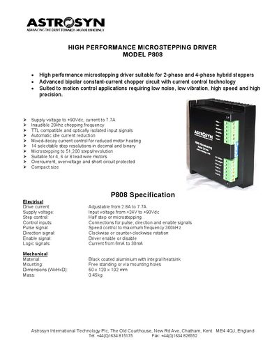 Astrosyn P808 High Performance Microstepping Driver Specification Sheet - cover page