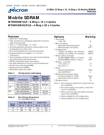 MICRON SYNCHRONOUS DRAM 512Mb 32 Meg x16 Meg x 32 Mobile SDRAM Features - cover page