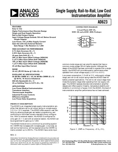 Analog Devices AD623 Instrumentation Amplifier Datasheet - cover page