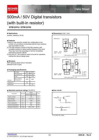 ROHM DTB123YU / DTB123YK Data Sheet - cover page