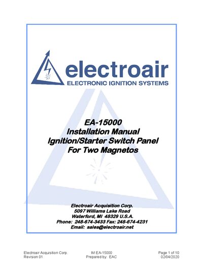 Electroair EA-15000 Ignition/Starter Switch Panel Installation Guide - cover page