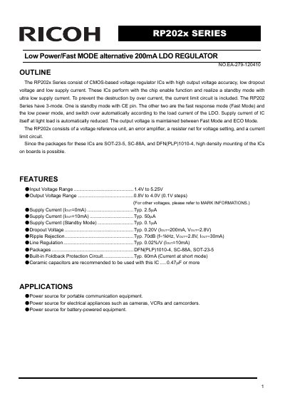 Ricoh RP202x Series Low Power LDO Regulator Datasheet - cover page