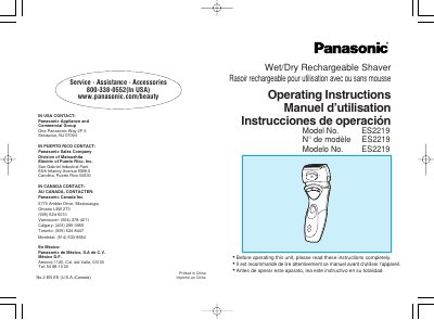 Panasonic ES2219 Wet/Dry Rechargeable Shaver Operating Instructions - cover page