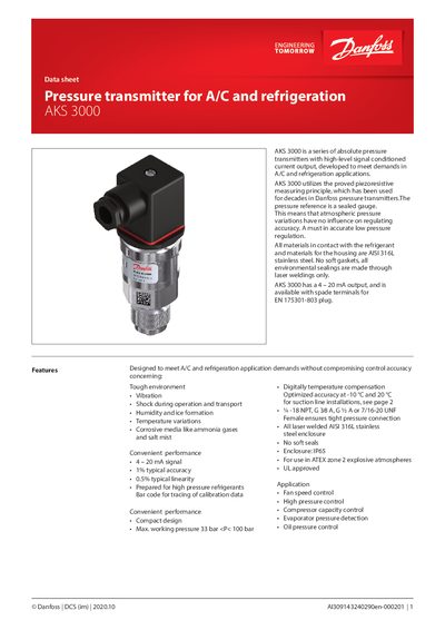 Danfoss AKS 3000 Pressure Transmitter Data Sheet - cover page
