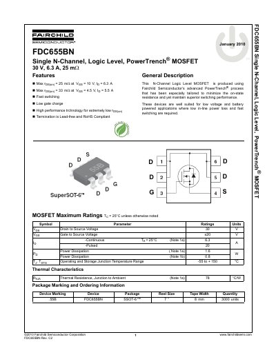 Fairchild FDC655BN 30V N-Channel MOSFET Datasheet - cover page