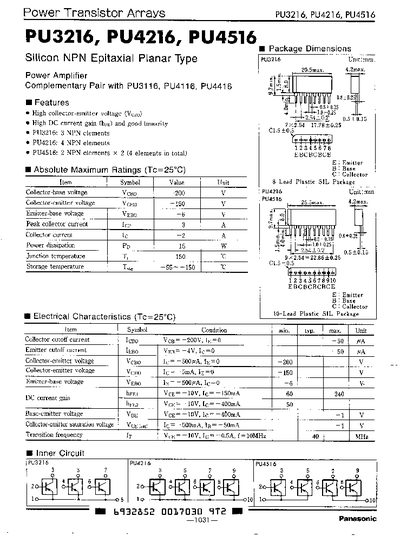 Panasonic PU3216/4216/4516 Power Transistor Arrays Datasheet - cover page