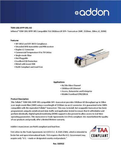 AddOn TOM-10G-SFPP-SR1-AO SFP+ Transceiver Datasheet