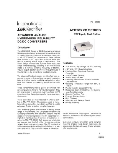 International Rectifier ATR28XXD Series DC/DC Converter Datasheet - cover page