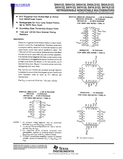TEXAS INSTRUMENTS SN54122 SN54123 SN54130 SN54LS122 SN54LS123 SN74122 SN74123 SN74130 SN74LS122 SN74LS123 RETRIGGERABLE MONOSTABLE MULTIVIBRATORS handbook - cover page