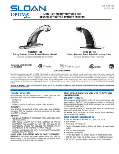 Sloan EBF-85 and EBF-187 Sensor Activated Lavatory Faucet Installation Guide - cover page