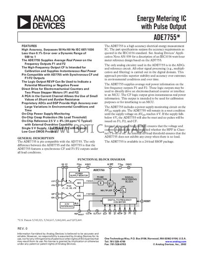 Analog Devices ADE7755 Energy Metering IC Datasheet - cover page