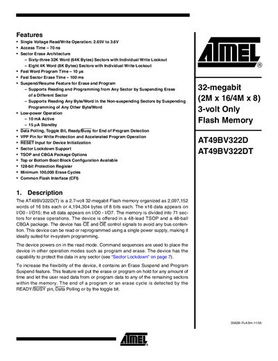 ATMEL -32-megabit (2M x 16/4M x 8) 3-volt Only Flash Memory AT49BV322D AT49BV322DT handbook - cover page