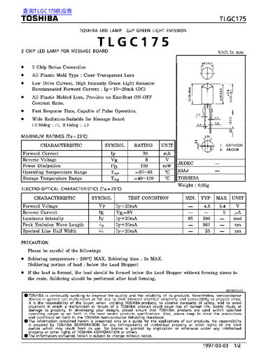 Toshiba TLGC175 LED Lamp Datasheet - cover page