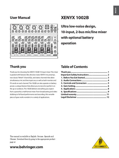 Behringer XENYX 1002B User Manual - cover page