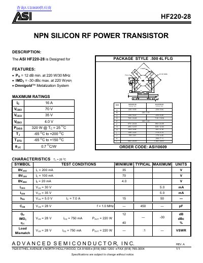 Advanced Semiconductor Inc. HF220-28 RF Power Transistor Datasheet - cover page