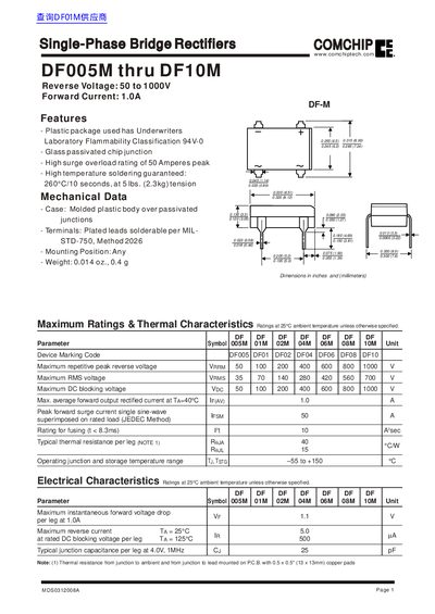 COMCHIP DF005M‑DF10M Single-Phase Bridge Rectifier Datasheet - cover page