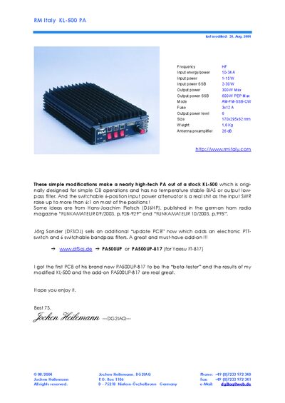 RM Italy KL-500 Power Amplifier Modifications Guide - cover page