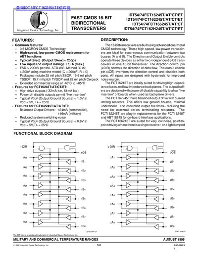 Integrated Device Technology IDT54/74FCT16245T Bidirectional Transceiver Datasheet - cover page