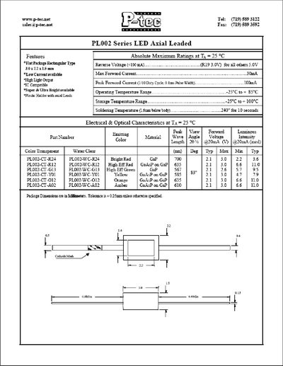 P-tec PL002 Series LED Axial Leaded Datasheet - cover page