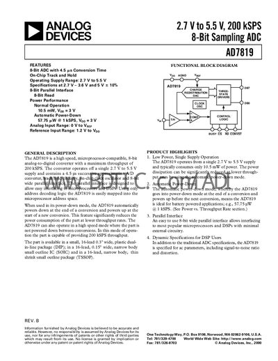 Analog Devices AD7819 8‑Bit ADC Datasheet - cover page